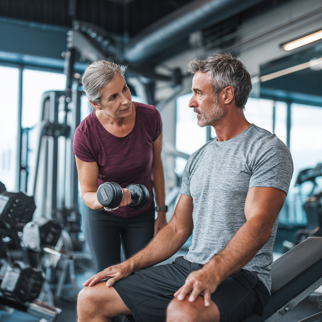 Треньор на 52 години демонстрира упражнение на клиентка на 58 години в съвременна фитнес зала с естествена светлина и професионално оборудване