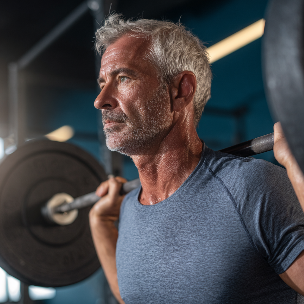 Мъж на 58 години извършва силово упражнение с лостове в съвременна фитнес зала, концентриран и с правилна форма