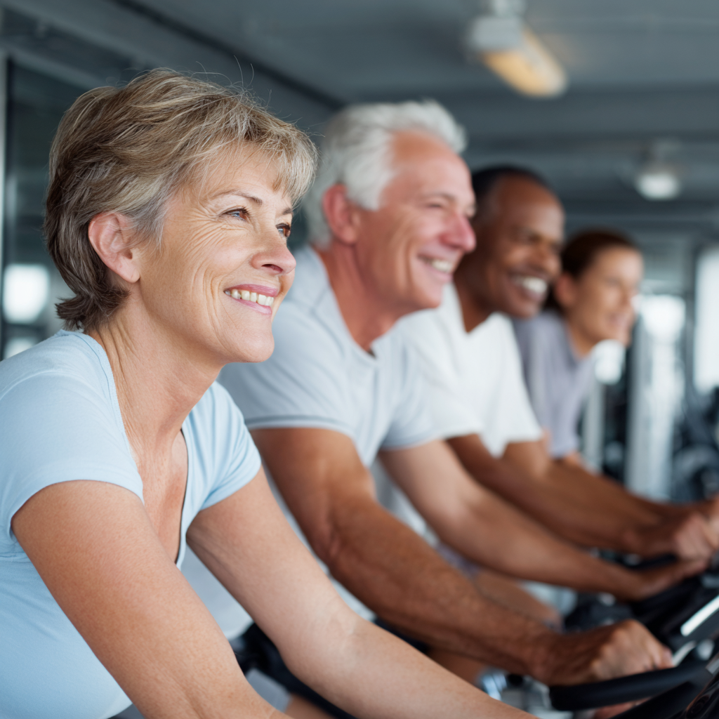 Група от четири души в възраст 50-55 години правят кардио упражнения на велоергометри в светла фитнес зала с усмивки на лицата