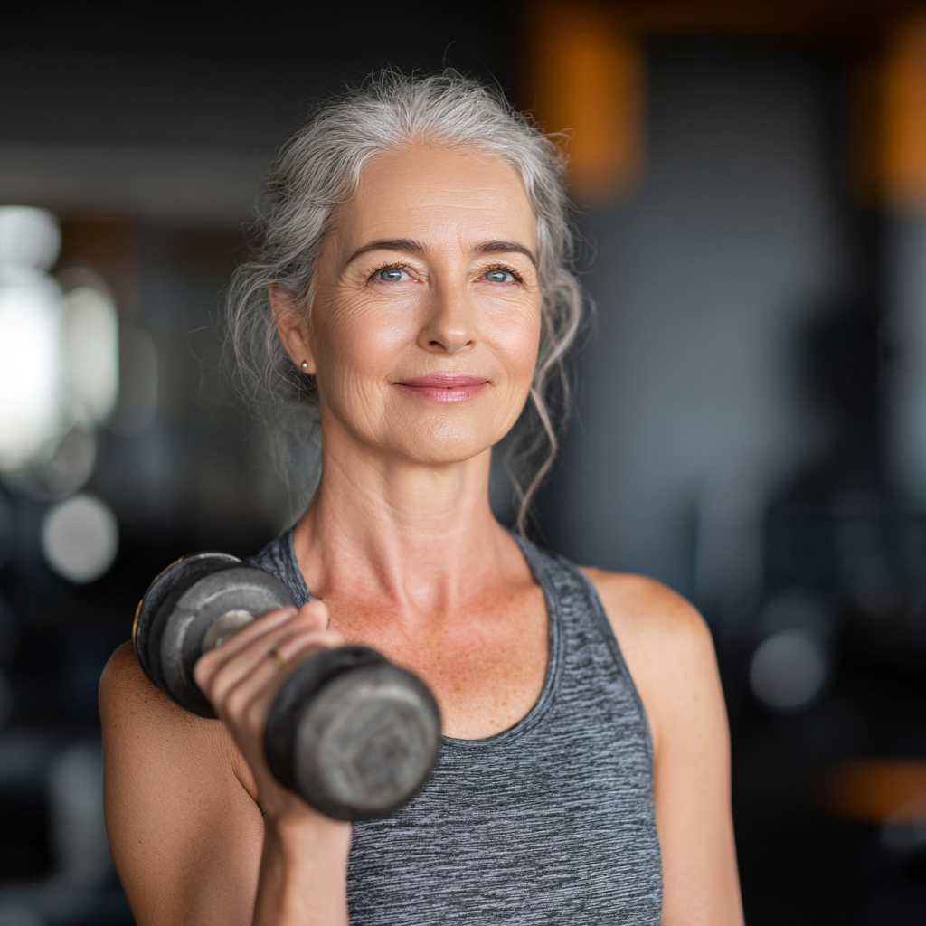 Усмихната жена на 55 години в спортно облекло, държаща лека гира в ръце, с увереност на лицето в модерна фитнес зала